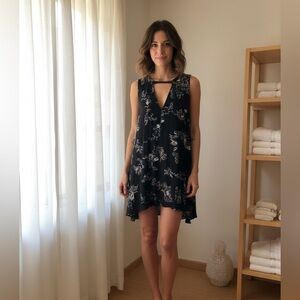 Free People Snap Out Of It Mini Boho Swing Dress  Black Floral Medium